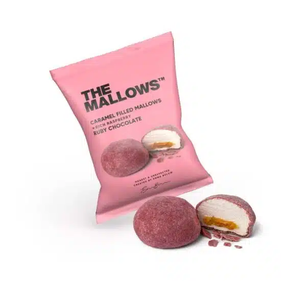 1 stk. flowpack, karamel fyldte skumfiduser, ruby chokolade - The Mallows