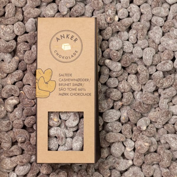 Cashewnødder m. brunet smør, flormelis og 66% chokolade, økologisk - Anker chokolade